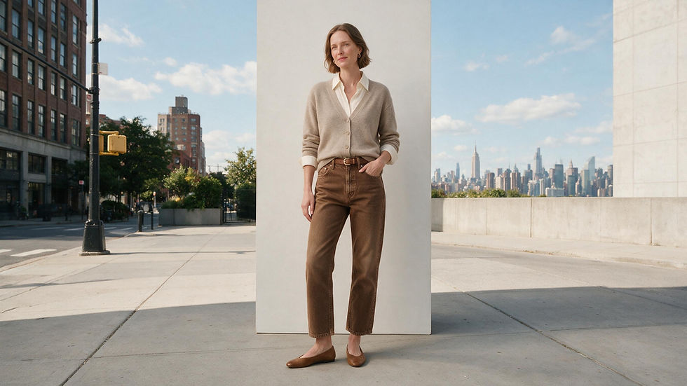 Mujer posa en la acera con cárdigan beige y pantalón marrón, frente a un skyline urbano bajo cielo despejado.