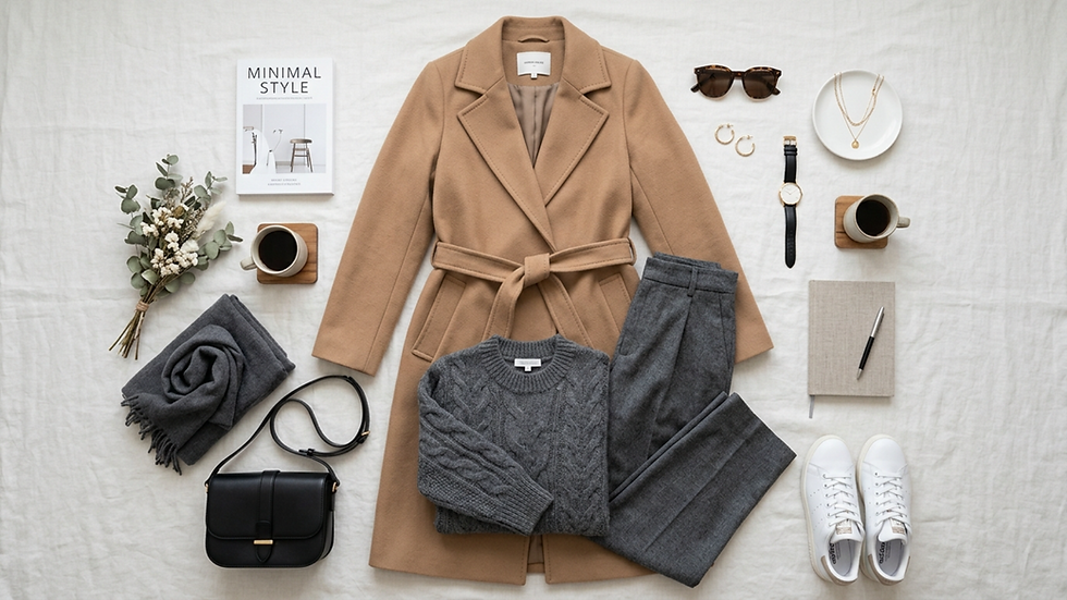 Flat lay de estilo minimalista con abrigo camel, jersey gris, pantalón, bolso negro, café, accesorios y revista Minimal Style.