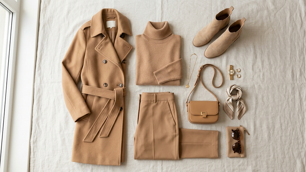 Conjunto beige sobre cama: abrigo, suéter de cuello alto, pantalón, botines, bolso y accesorios.