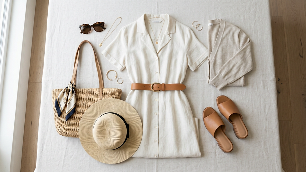 Conjunto veraniego sobre cama blanca: vestido beige, sandalias, sombrero, bolso, gafas y joyas en tonos neutros.
