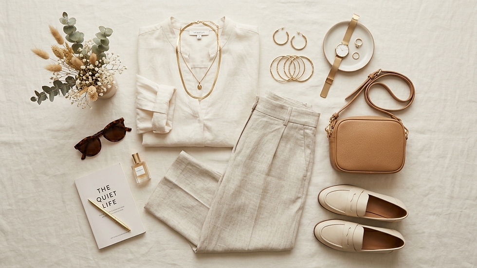 Flat lay beige: camisa, pantalón, bolso, zapatos, gafas, joyas y libro The Quiet Life sobre fondo claro, estilo sereno.
