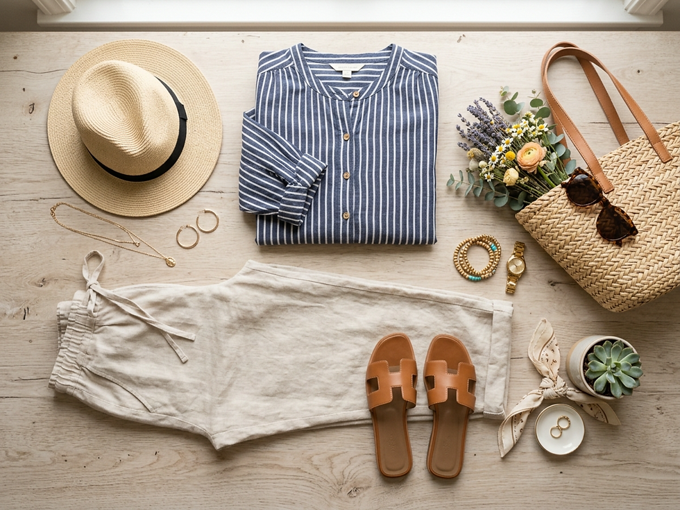 Outfit veraniego sobre madera clara: blusa de rayas, pantalón beige, sombrero, sandalias marrones. Bolso con flores y accesorios dorados.