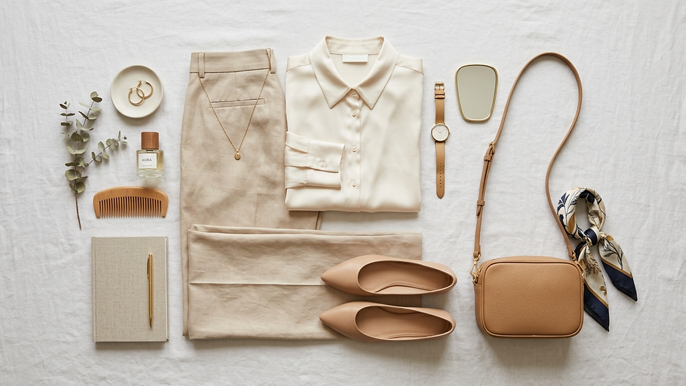 Ropa y accesorios beige sobre fondo blanco: blusa, pantalones, zapatos, bolso, reloj, espejo, perfume "AURA", peine, pañuelo y libreta.