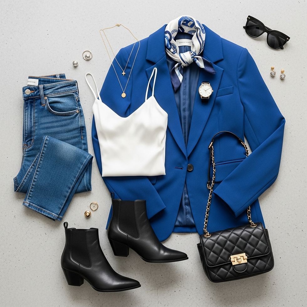 Conjunto elegante con blazer azul, top blanco, jeans, botines negros, bolso negro, pañuelo estampado azul, reloj y collares en fondo gris.