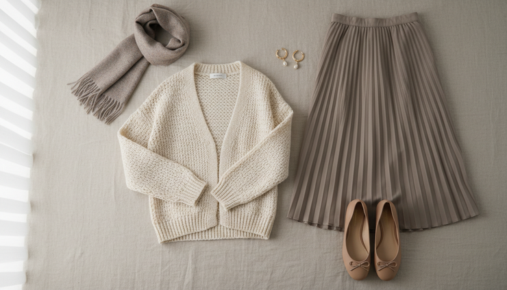 Vista cenital de un cardigan crema junto a una falda midi y accesorios dorados.