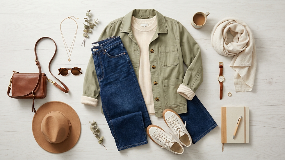 Conjunto de moda en mesa blanca: chaqueta verde, jeans, zapatillas, bolso, sombrero, gafas, café y cuaderno; estilo suave y ordenado
