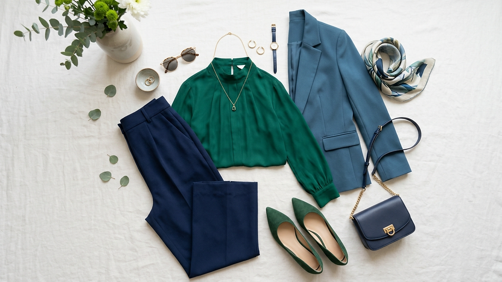 Conjunto de ropa sobre tela blanca: pantalón azul, blusa verde, blazer azul, zapatos verdes, bolso azul, joyas, gafas y un pañuelo. Fondo con flores y hojas verdes.