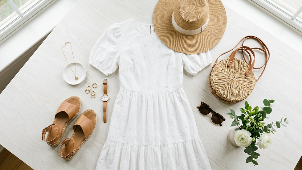 Vista cenital de vestido blanco, sombrero de paja, sandalias, bolso, joyas, reloj y flores sobre mesa clara, estilo veraniego.