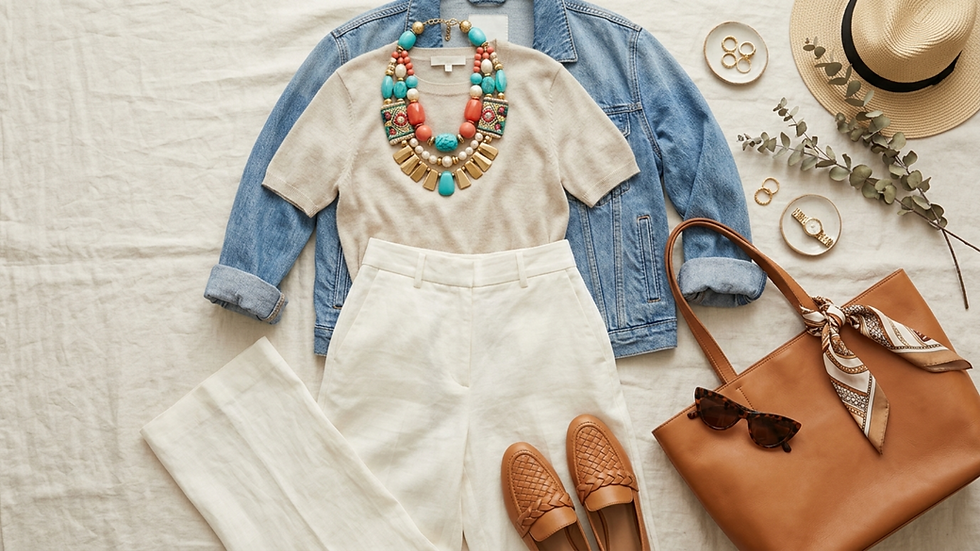Conjunto de moda en cama: chaqueta vaquera, top beige, pantalón blanco, collar colorido, bolso, sombrero y accesorios camel.