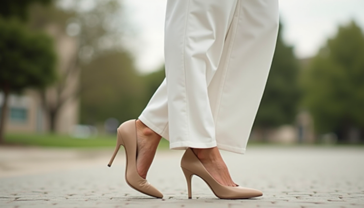 Vista a nivel de ojo de pantalón blanco combinado con zapatos nude elegantes