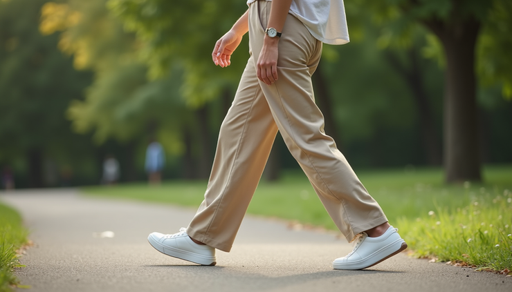 Vista lateral de mujer caminando con pantalón ancho y zapatillas blancas en parque