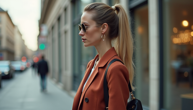 Vista lateral de mujer con blazer mal combinado y accesorios inapropiados