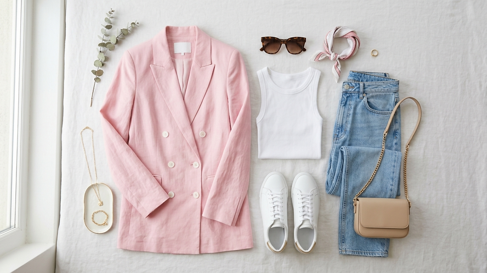 Conjunto femenino en plano: blazer rosa, camiseta blanca, jeans, zapatillas, gafas y bolso beige sobre fondo claro.