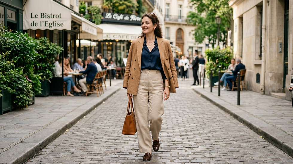 Mujer caminando sonriente por una calle adoquinada, lleva blazer marrón y bolso. Cafés con terrazas y gente al fondo en ambiente urbano.