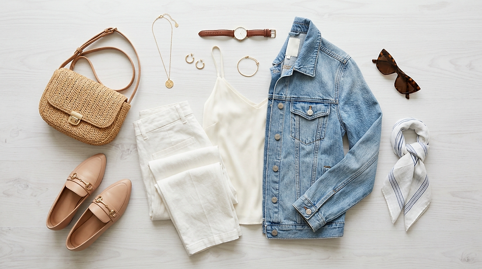 Conjunto de moda sobre mesa blanca: chaqueta vaquera, top y pantalón blanco, bolso, zapatos, reloj, gafas, joyas y pañuelo.