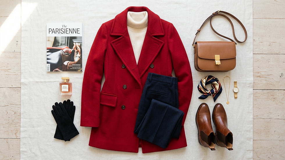 Abrigo rojo, pantalón azul, bolso, botas marrones, bufanda, y revista "The Parisienne" sobre tela blanca. Elegancia y estilo otoñal.
