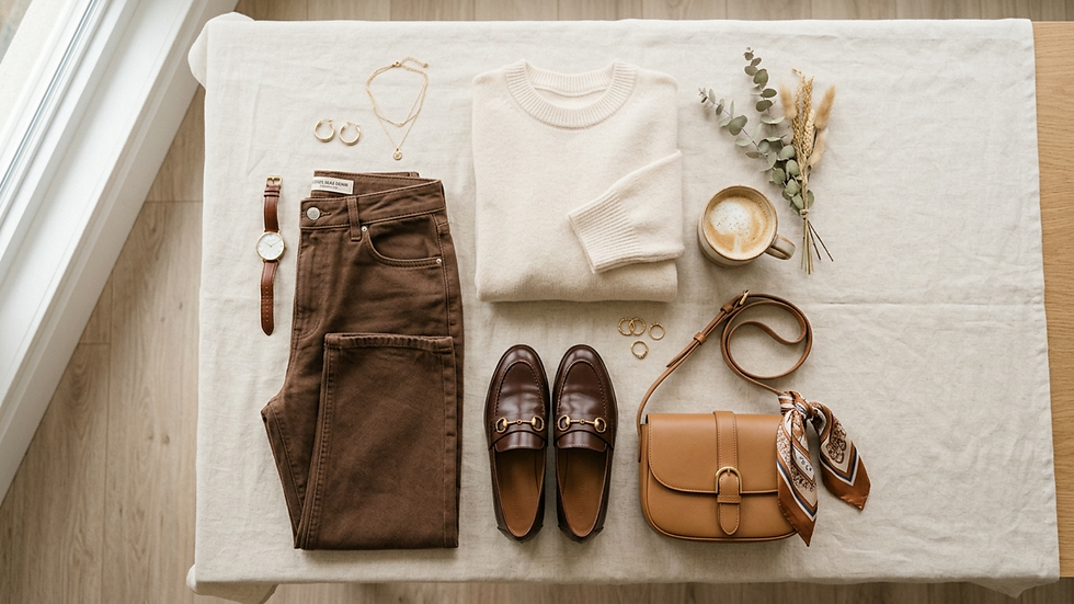 Flat lay de outfit neutro: suéter crema, pantalón marrón, mocasines, bolso, joyas y café sobre mesa con hojas secas.