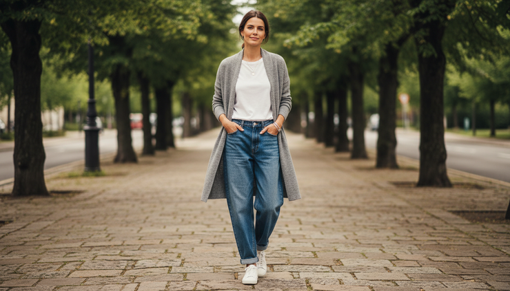 Vista de cuerpo completo de un cárdigan gris fino con jeans wide leg y zapatillas blancas en una acera tranquila