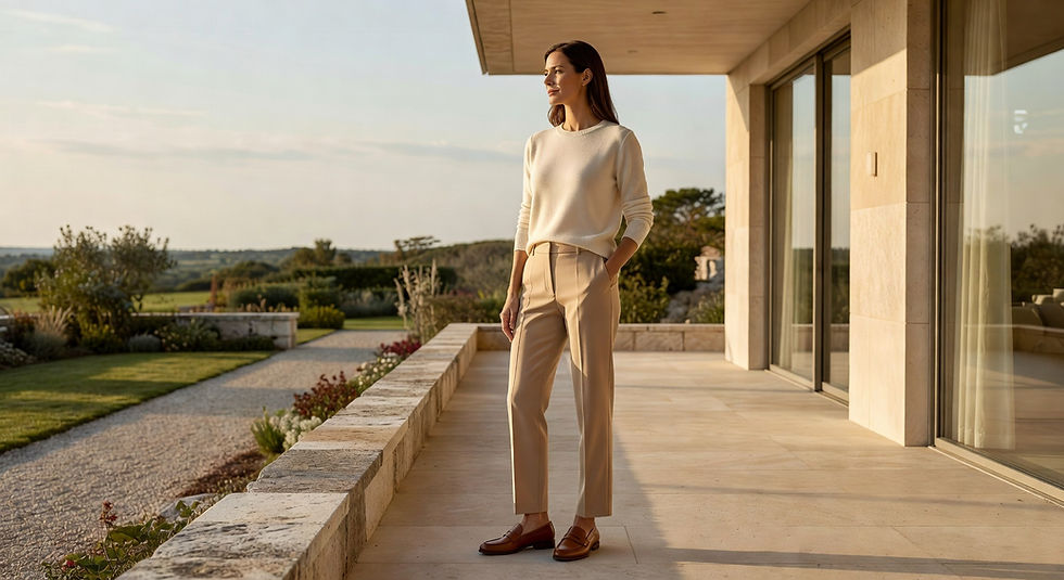 Mujer con suéter blanco y pantalones beige, de pie en un patio soleado junto a una casa moderna. Jardín y campo al fondo. Tranquilidad.