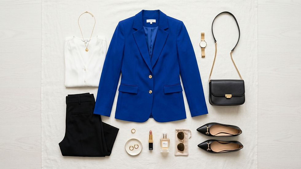 Conjunto elegante de ropa: chaqueta azul, blusa blanca, pantalones negros, bolso negro, reloj dorado, accesorios y perfume Dior sobre tela blanca.