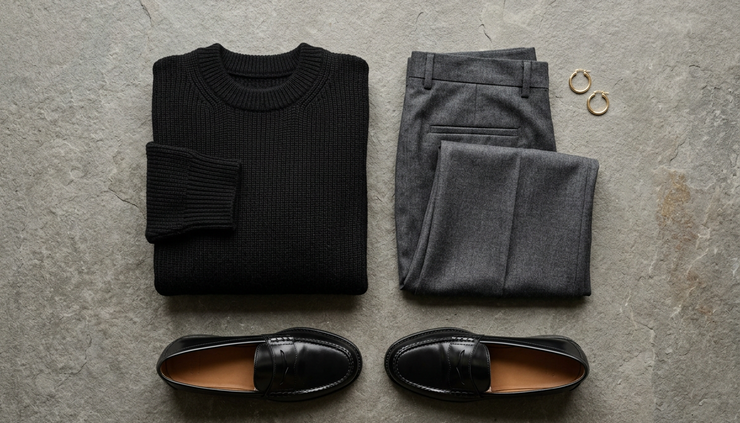 Vista a nivel de mesa de un sweater negro junto a un pantalón sastre gris y mocasines