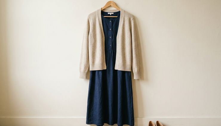 Plano medio de un cardigan claro sobre un vestido liso en un perchero
