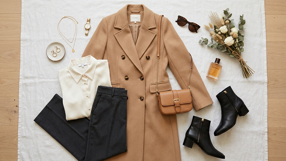 Flat lay de moda con abrigo camel ELANDA, blusa marfil, pantalón gris, botas negras y accesorios sobre tela blanca.