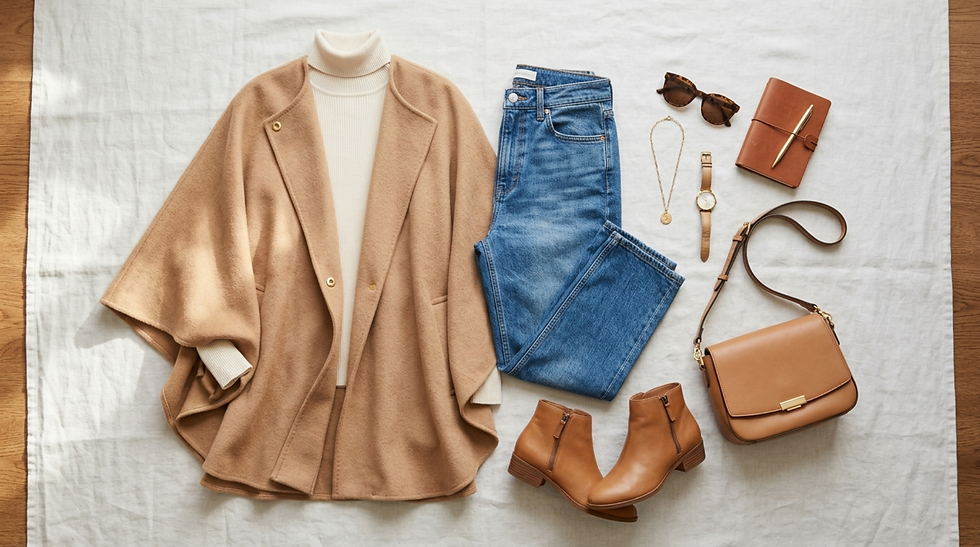 Conjunto de moda en vista cenital: abrigo beige, jeans azules, botines, bolso, gafas, reloj y libreta sobre fondo blanco.