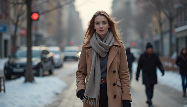 Vista a nivel de ojos de mujer con abrigo largo y bufanda en la calle durante invierno