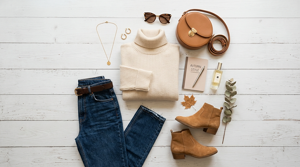 Flat lay de moda otoñal: jersey beige, jeans, botines, bolso marrón, gafas, joyas y libreta Autumn Style sobre madera blanca.