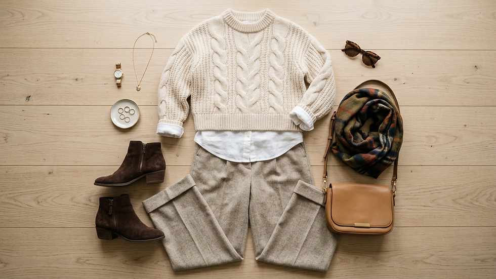 Conjunto otoñal en mesa de madera: suéter beige, pantalón gris, botines marrones, bufanda de cuadros, bolso y accesorios.