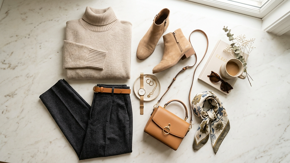 Ropa y accesorios sobre mármol: suéter beige, pantalones oscuros, botines, bolso marrón, bufanda floral, reloj, joyas, libro y taza de café.