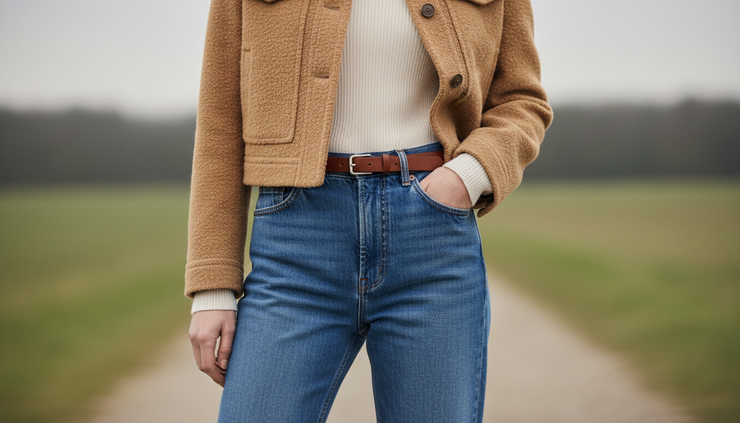 Close-up view of a woman wearing blue jeans with a cropped camel jacket and a leather belt