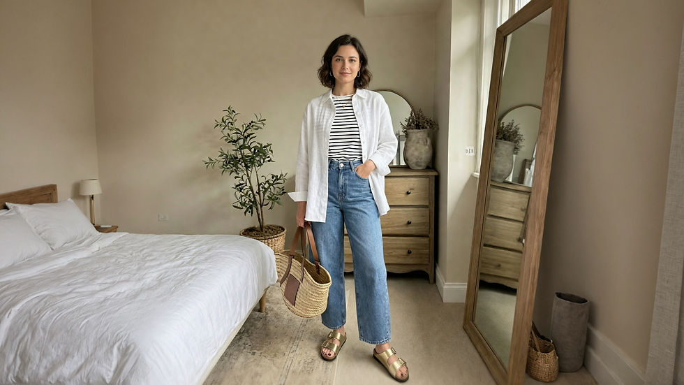 Mujer con camisa blanca y jeans, sosteniendo bolso, en dormitorio con cama blanca y espejo grande. Fondo beige, planta verde al lado.