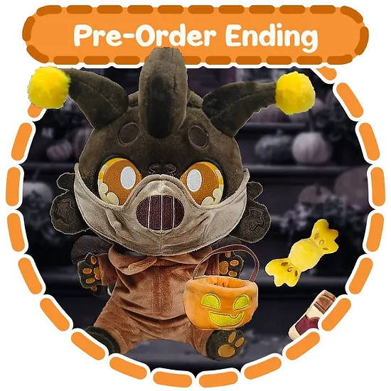 "Pre-Order Ending" Dottie Deathshead Moth plush in her Hungry Trick-or-Treater outfit and props