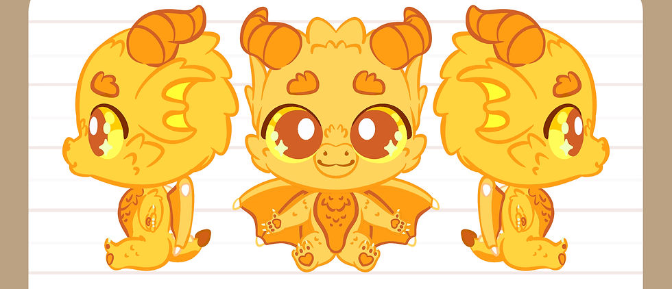 Illustration of Gold Digby Dragon, facing left, center, and right.