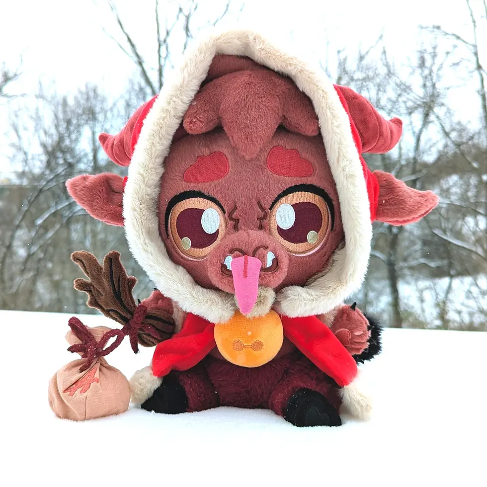 Thumbnail: Brown Kidd Krampus Plush, Front View, Wearing cloak with hood up and other accessories including magnetic props