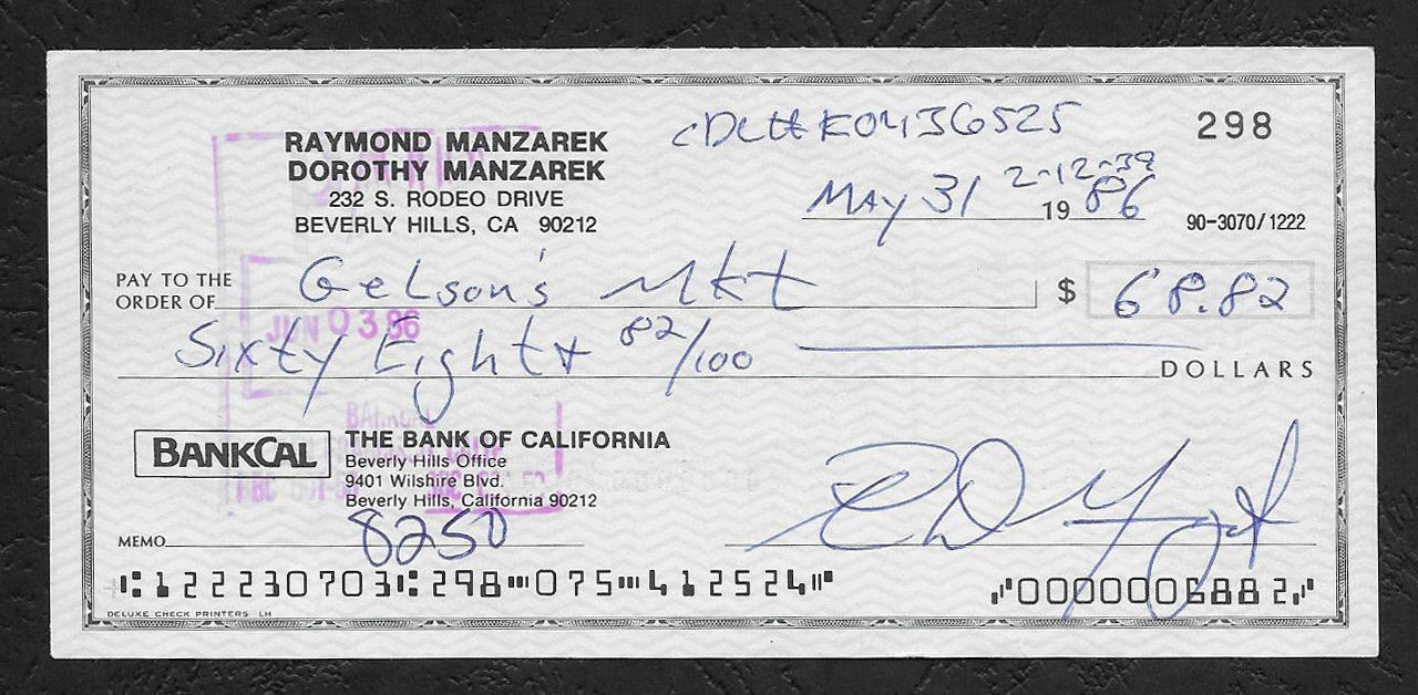 Ray Manzarek / The Doors signed Bank check.