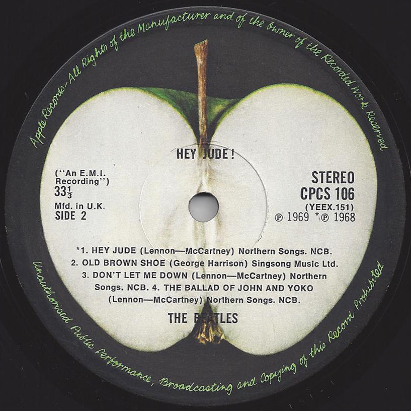 Thumbnail: 'Hey Jude' Apple CPCS 106, 2nd UK 'EXPORT' pressing, label setting error.