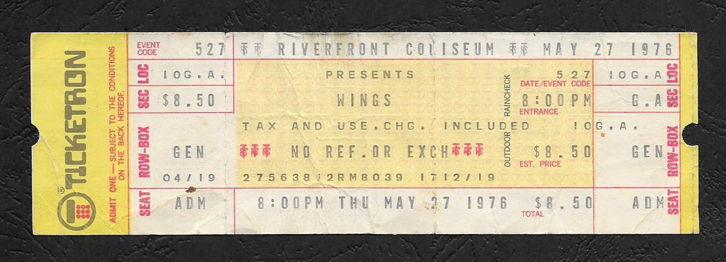 Paul McCartney and Wings 1976 unused concert ticket, Cincinnati, U.S.A.