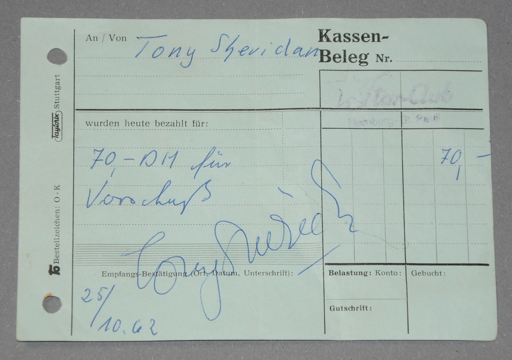 Tony Sheridan signed original 1962 Star-Club / Hamburg receipt.