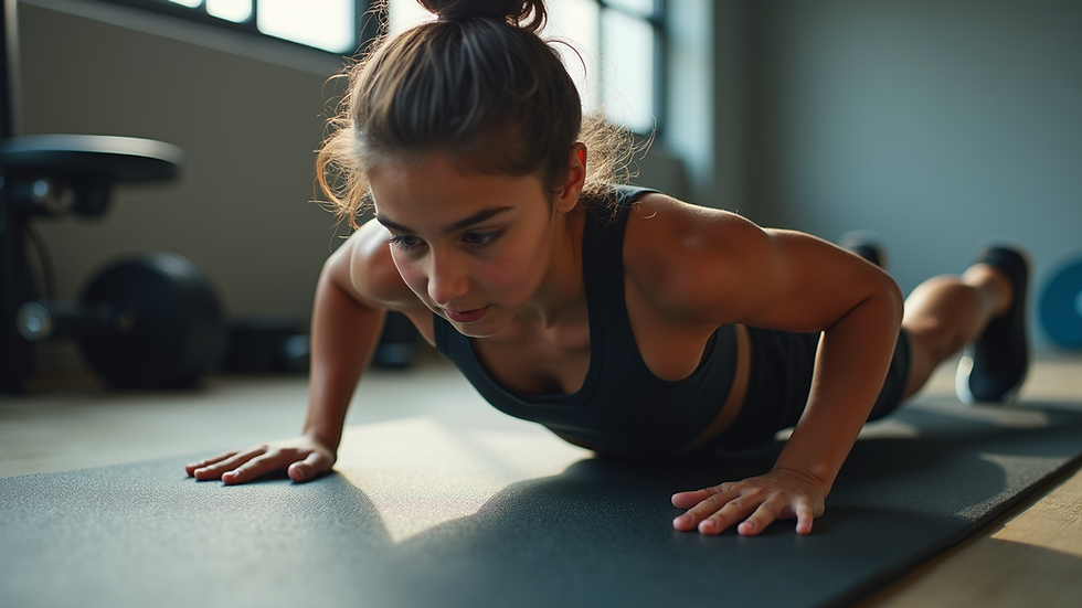 Close-up view of a young athlete performing a glute bridge exercise on a mat