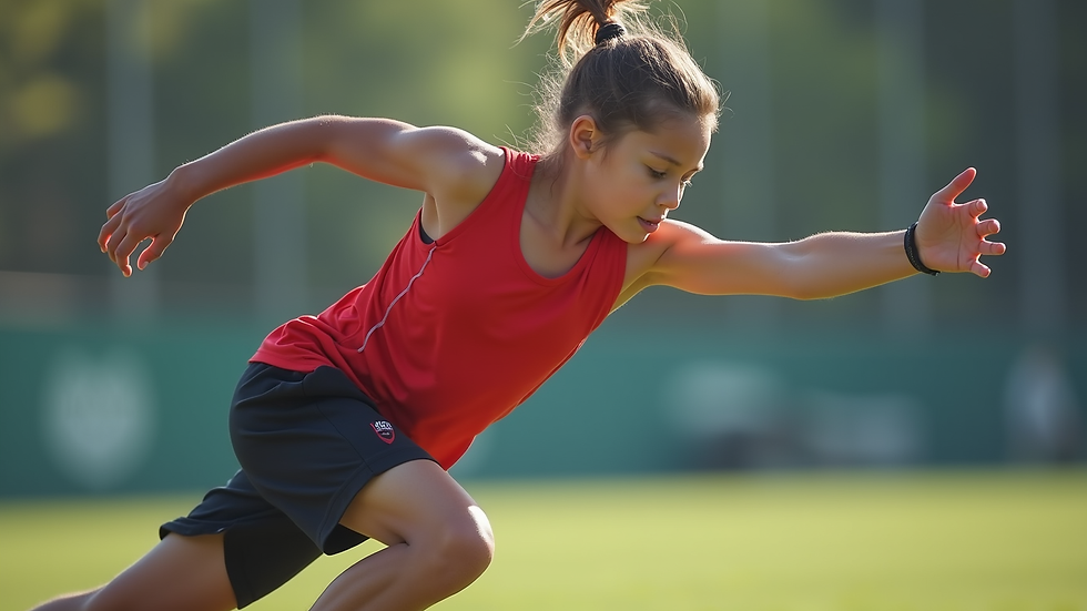 Close-up view of a young athlete performing a dynamic warm-up stretch