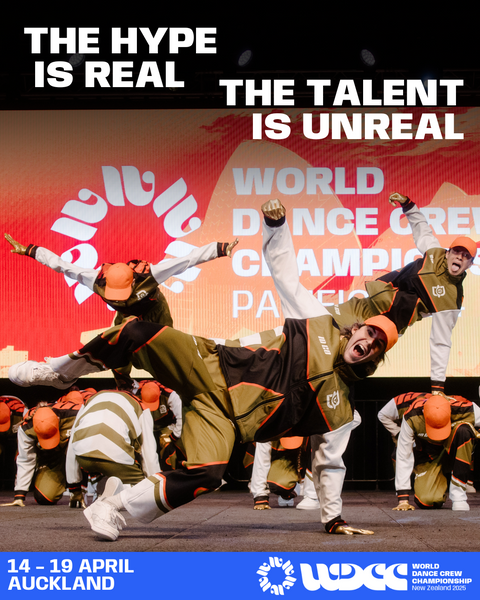 a group of dancers are performing in front of a sign that says world dance championship