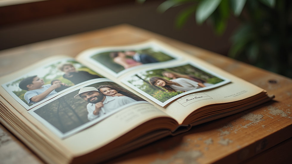 Eye-level view of a handmade family scrapbook with photos and notes