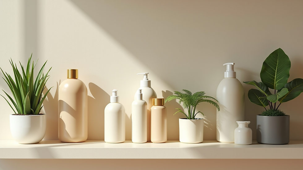 Eye-level view of a bathroom shelf with natural haircare products and plants