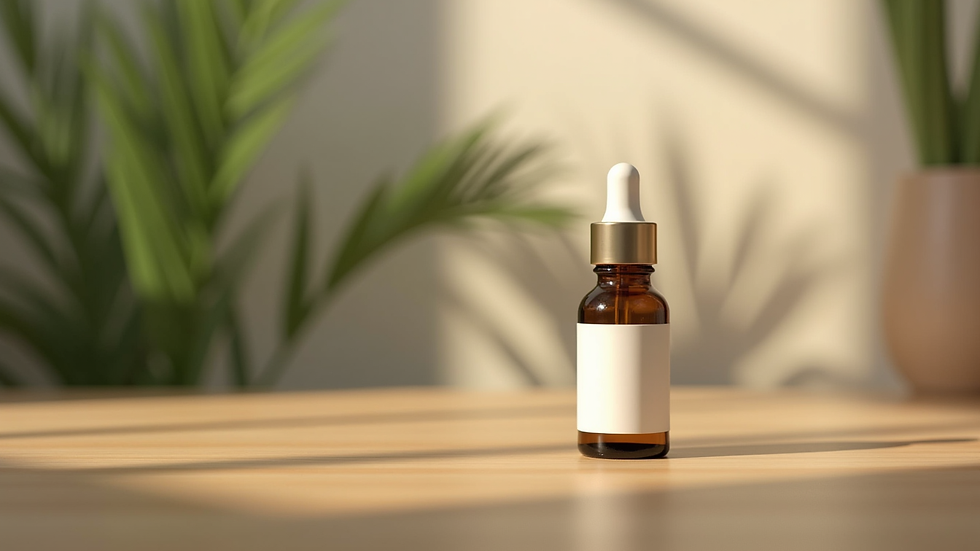 Close-up view of a bottle of natural facial serum on a wooden surface