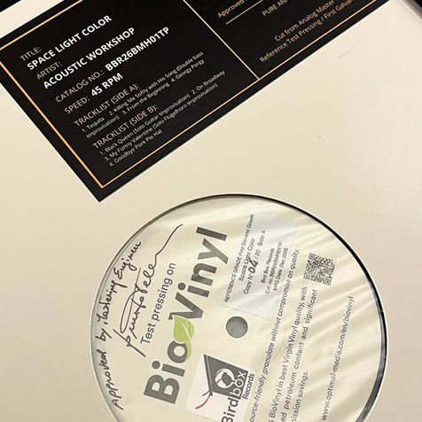 Primo piano ravvicinato dell'etichetta centrale di un disco in vinile con la scritta BioVinyl della Bird Box Records e specifiche tecniche di riproduzione.