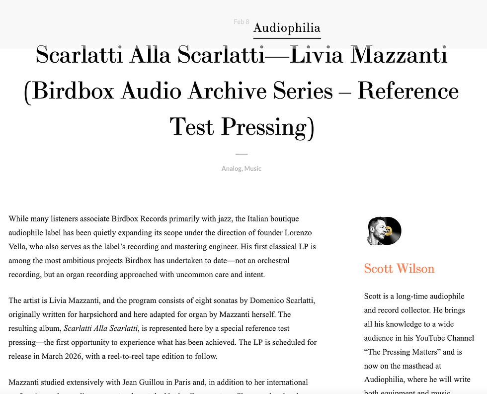 Bird Box Records Scarlatti alla Scarlatti Livia Mazzanti Audiophile Vinyl Test Pressing Cover