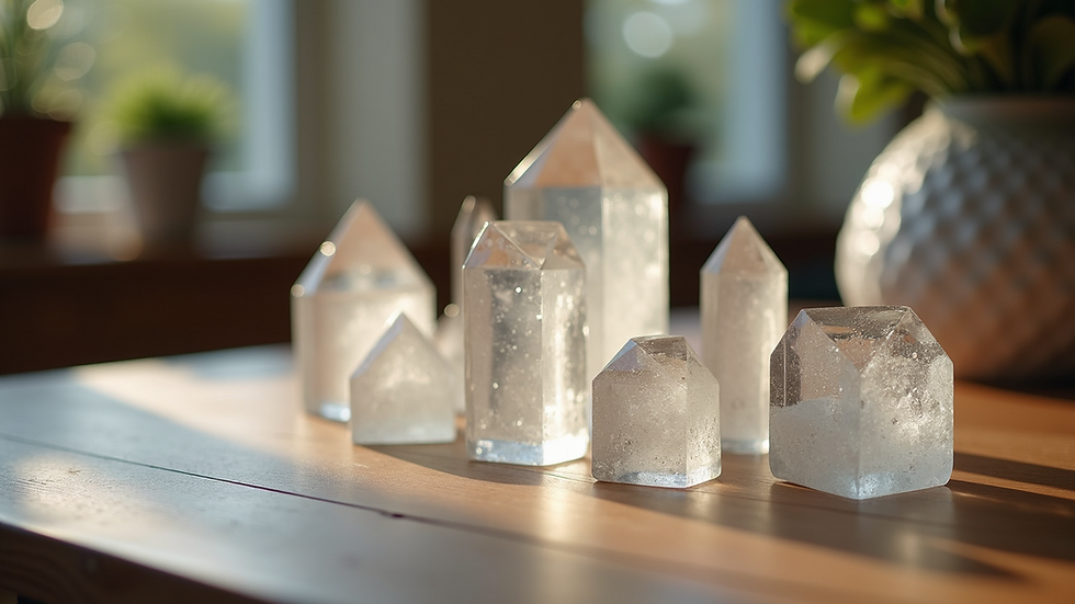 Close-up view of a crystal collection arranged on a wooden table